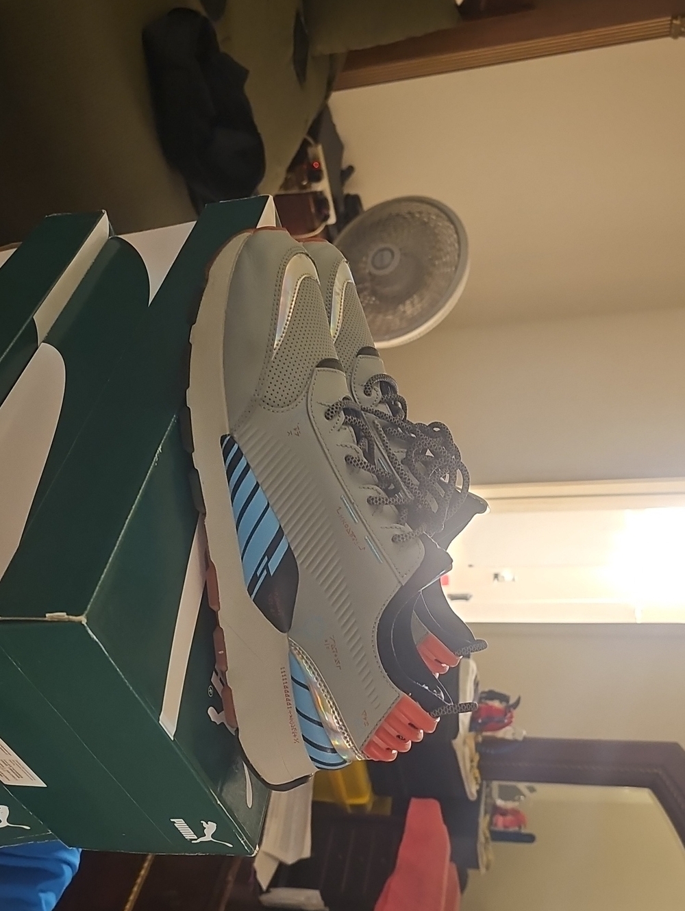 Puma Kids Gray and Blue Sneakers with Orange Heel Detail